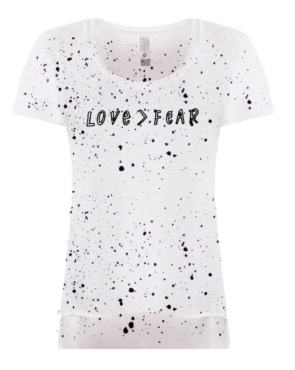A white t-shirt with black splatter-like patterns covering the entire front.