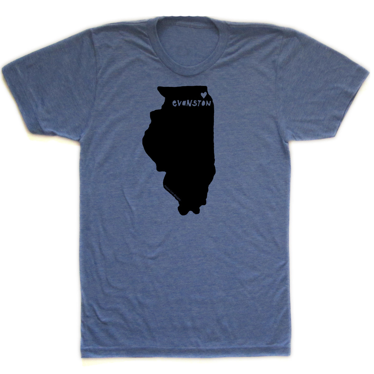 A blue t-shirt with a black silhouette of the state of Illinois.