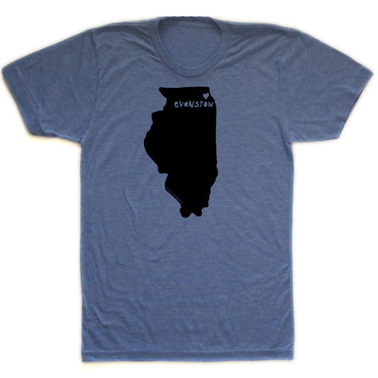 A blue t-shirt with a black silhouette of the state of Illinois.
