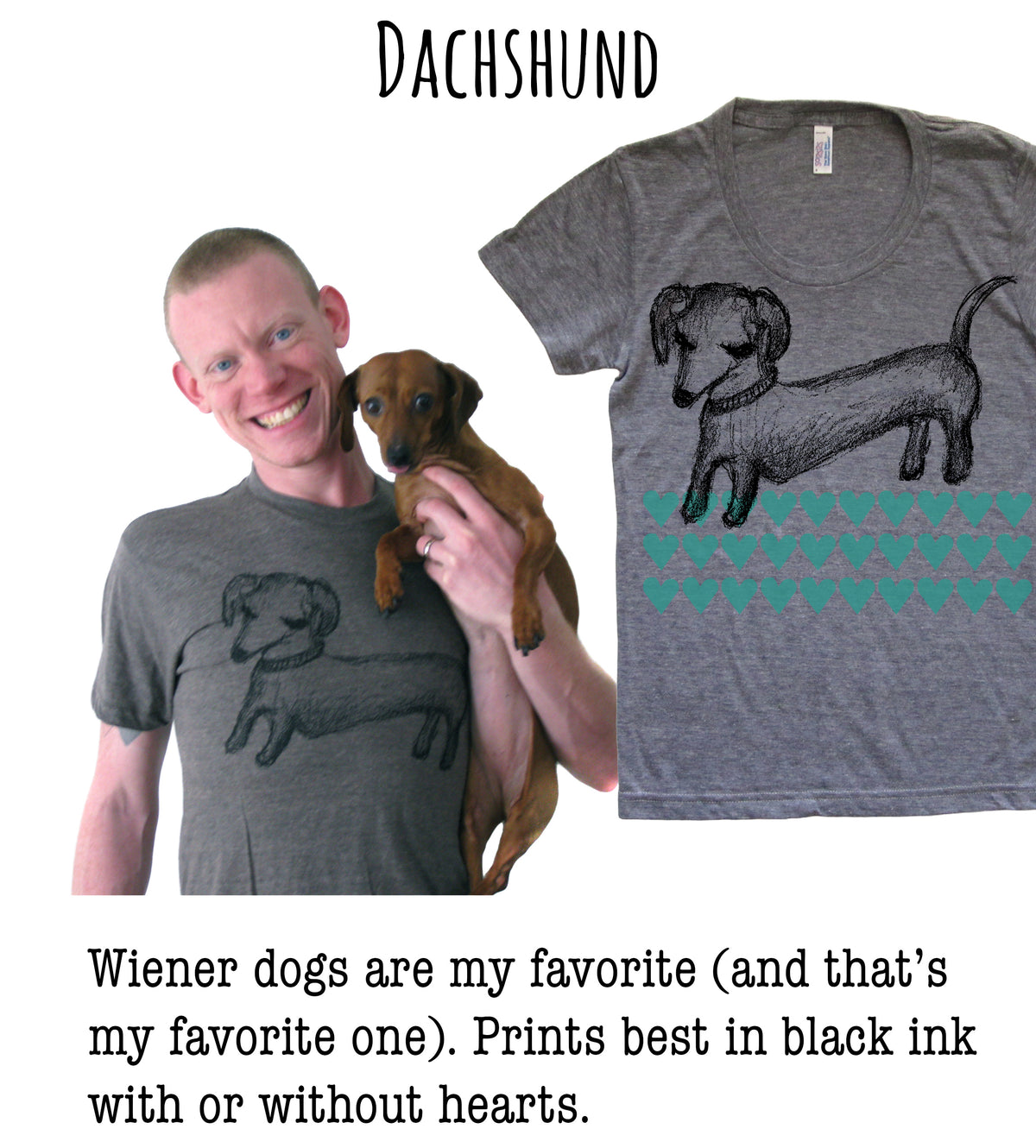 A man is holding a small brown dog in his arms, both smiling, with a gray t-shirt featuring a black and green dog design on the right side of the image.