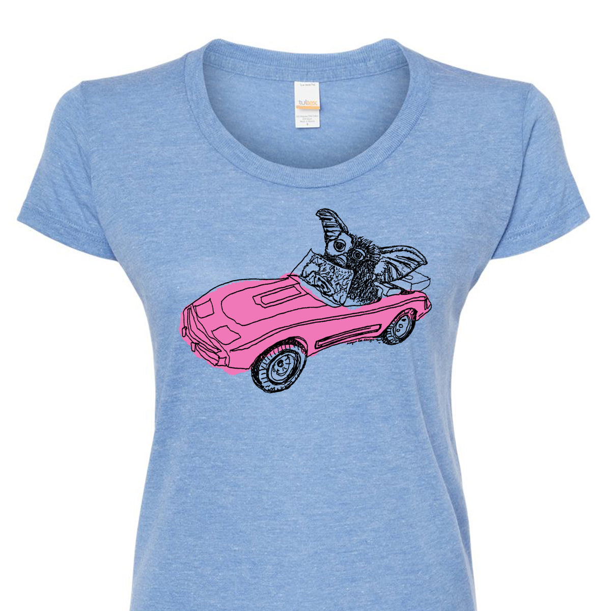 A blue t-shirt with a graphic design depicting a bat riding in a pink convertible car.