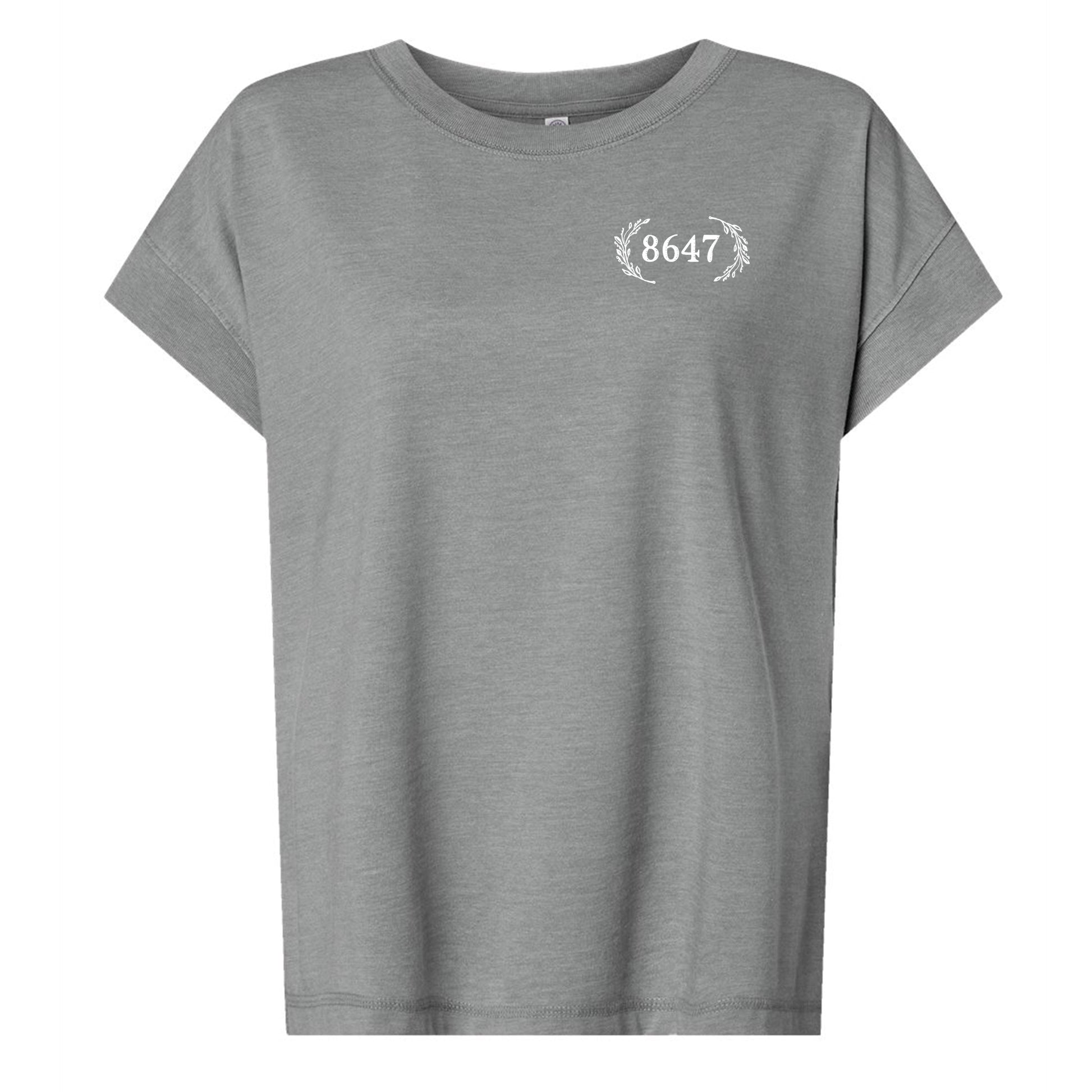 A gray t-shirt with the number 8647 printed on the left side of the chest.