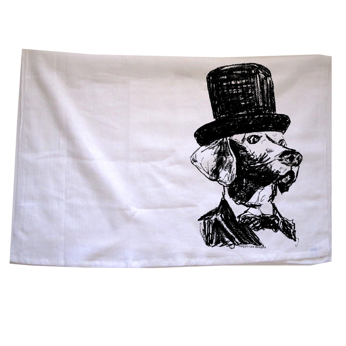 A dog wearing a top hat and a suit, depicted in a black and white illustration.