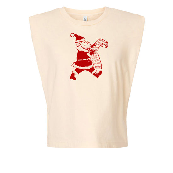 A white t-shirt with a red graphic design depicting a Santa Claus figure holding a scroll.