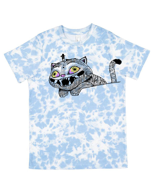 A blue and white tie-dye t-shirt with a cartoon cat design on it.