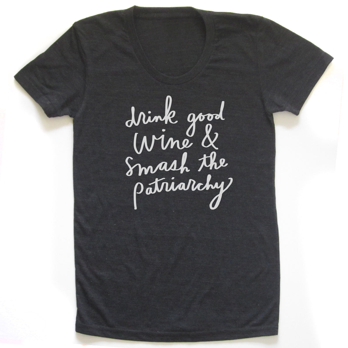 A black t-shirt with white text printed on it.