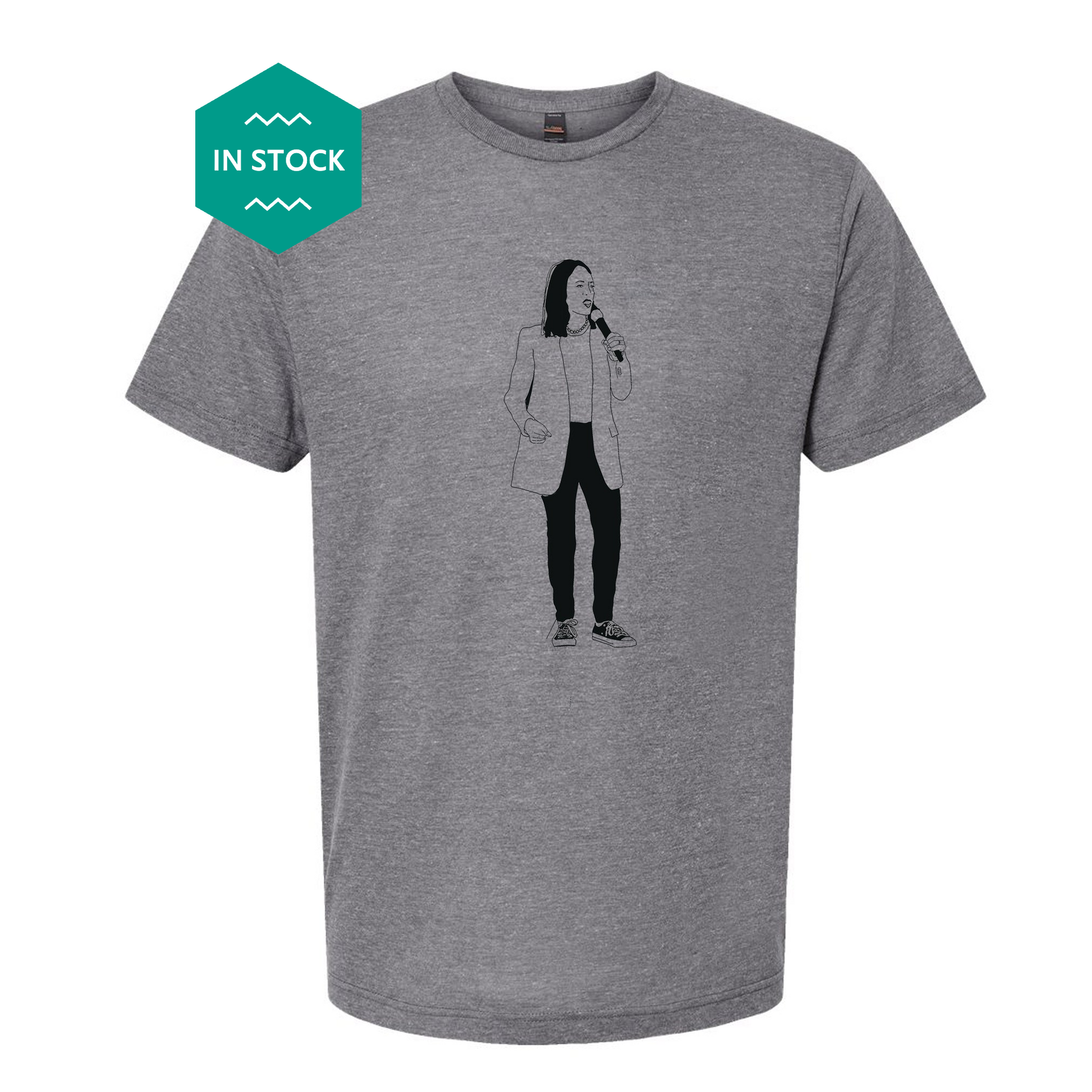 a grey t - shirt with a picture of a woman singing into a microphone