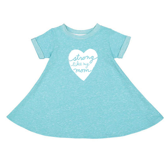 A light blue dress with a white heart-shaped graphic on the front, which says "Strong like my mom".