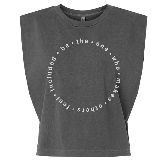A gray crop top with a circular design featuring the text "be the one who makes others feel better" printed on it.