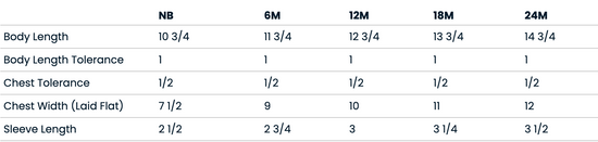 a table with various measurements and corresponding body length categories, such as "Body Length", "Body Length Tolerance", "Chest Tolerance", "Chest Width (Laid Flat)", and "Sleeve Length". The table provides specific measurements for different body length categories, such as "10 3/4", "11 3/4", "12 3/4", "13 3/4", "14 3/4", and "18/4".