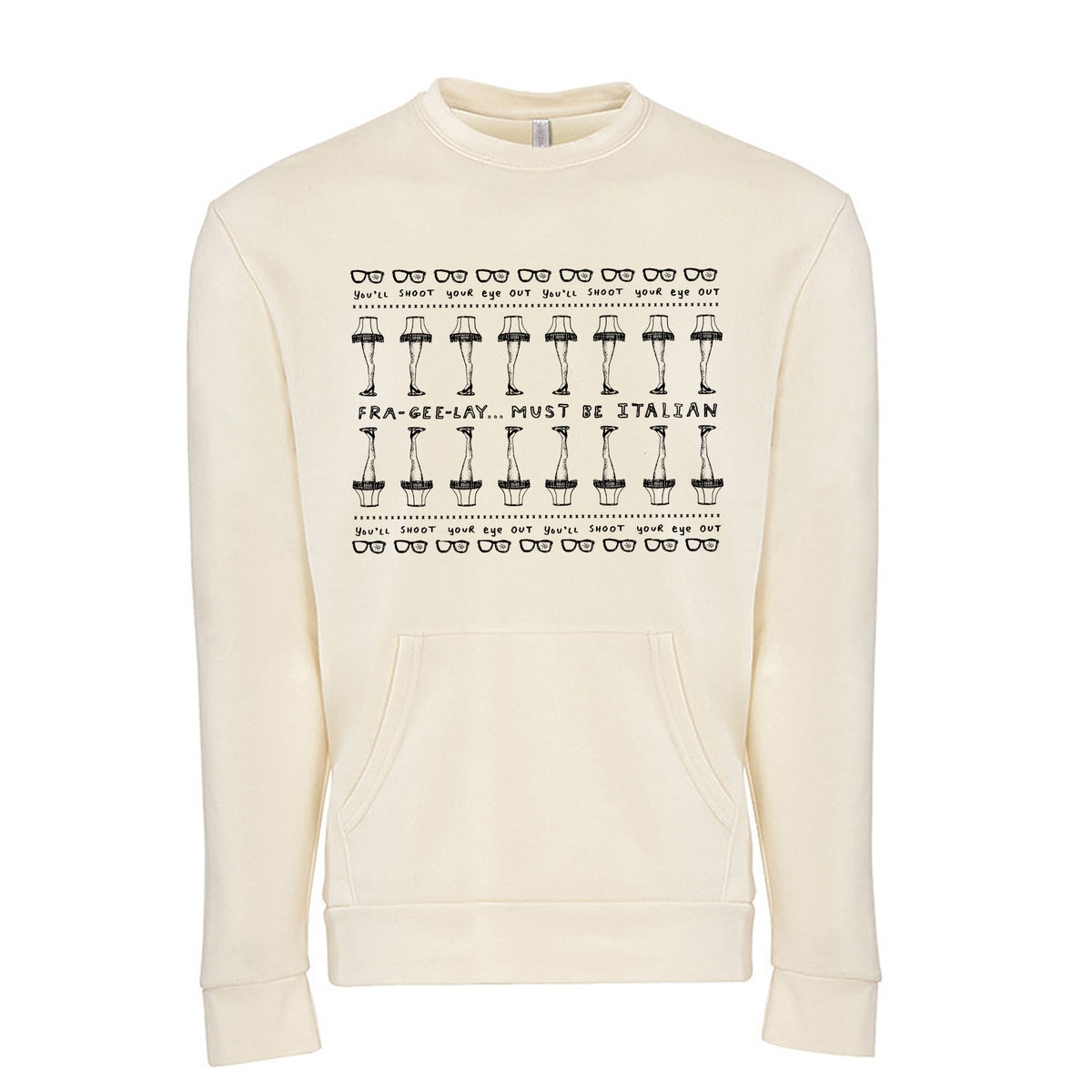 A cream-colored sweater with a repeating pattern of black text and illustrations.
