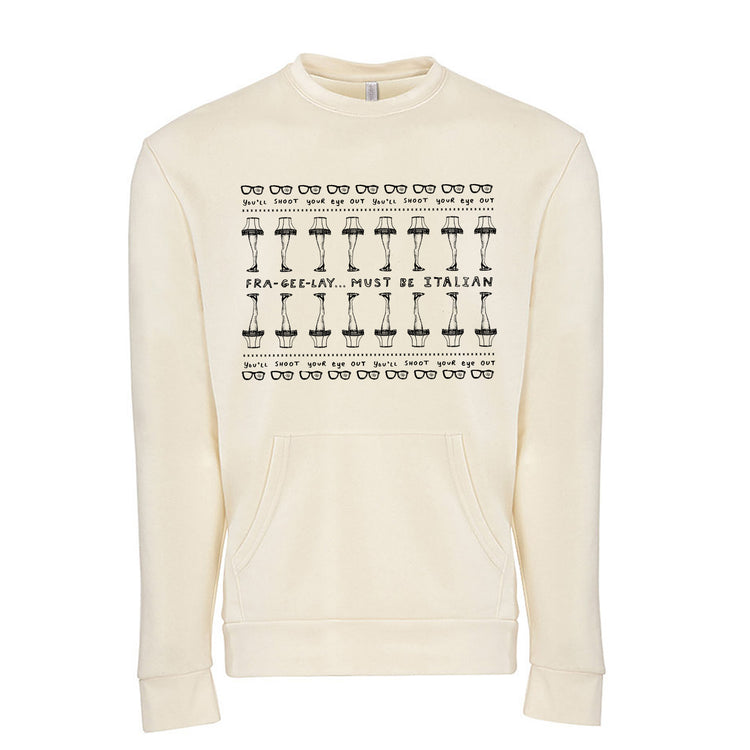 A cream-colored sweater with a repeating pattern of black text and illustrations.