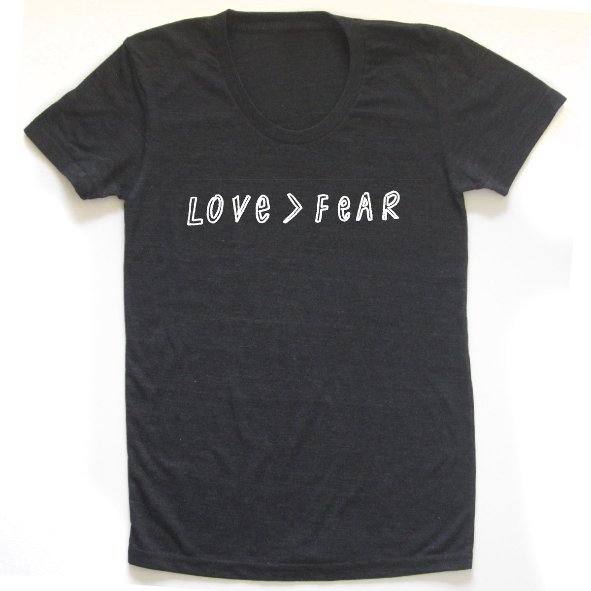 A black t-shirt with the text "LOVE=FEAR" printed on it in white letters.