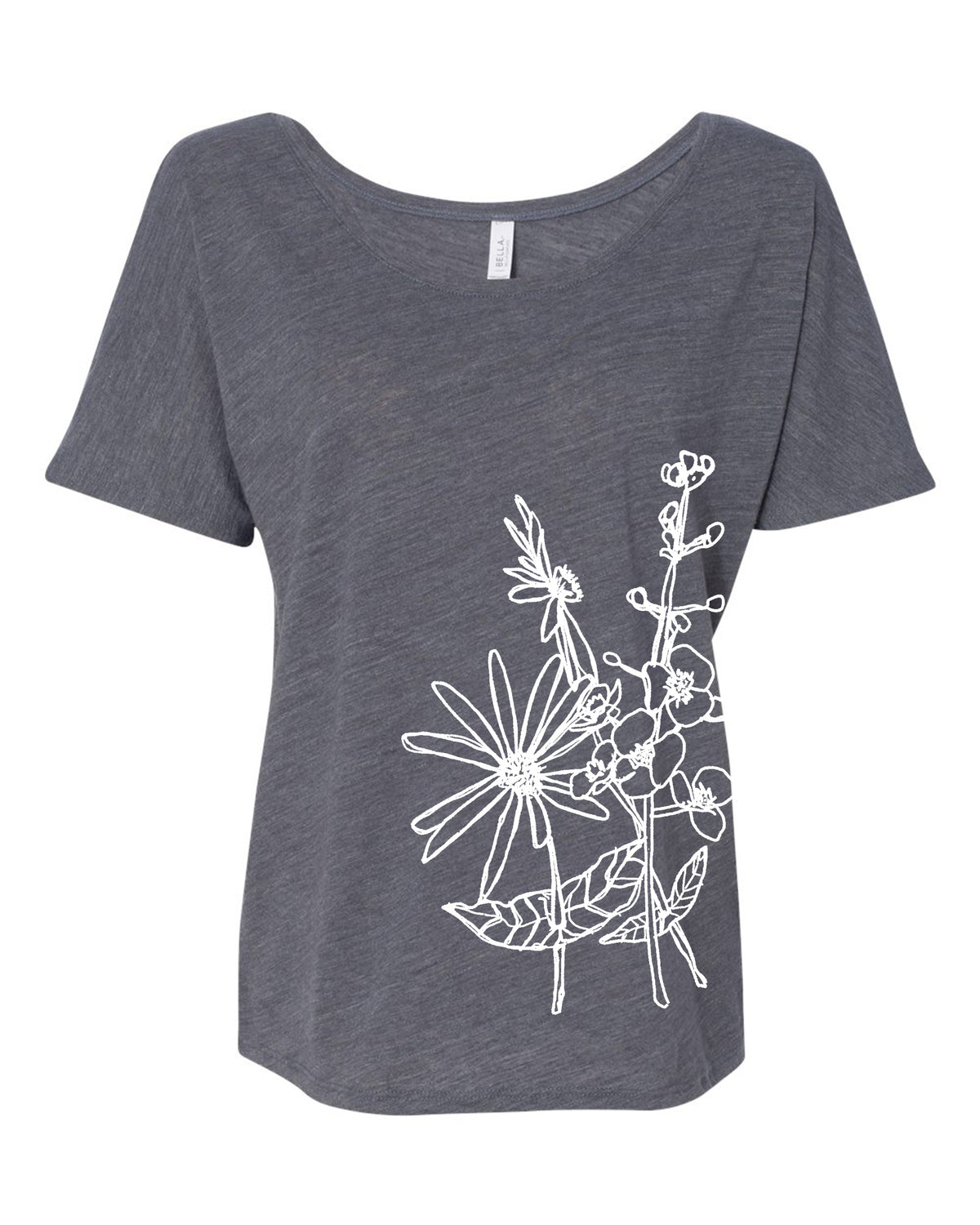 A gray t-shirt with a white floral design on the left side.