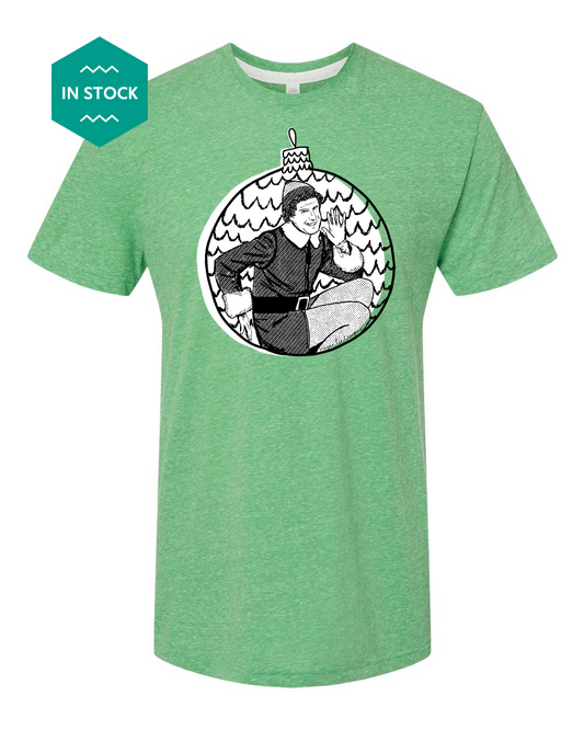 a green t - shirt with a picture of a man on it