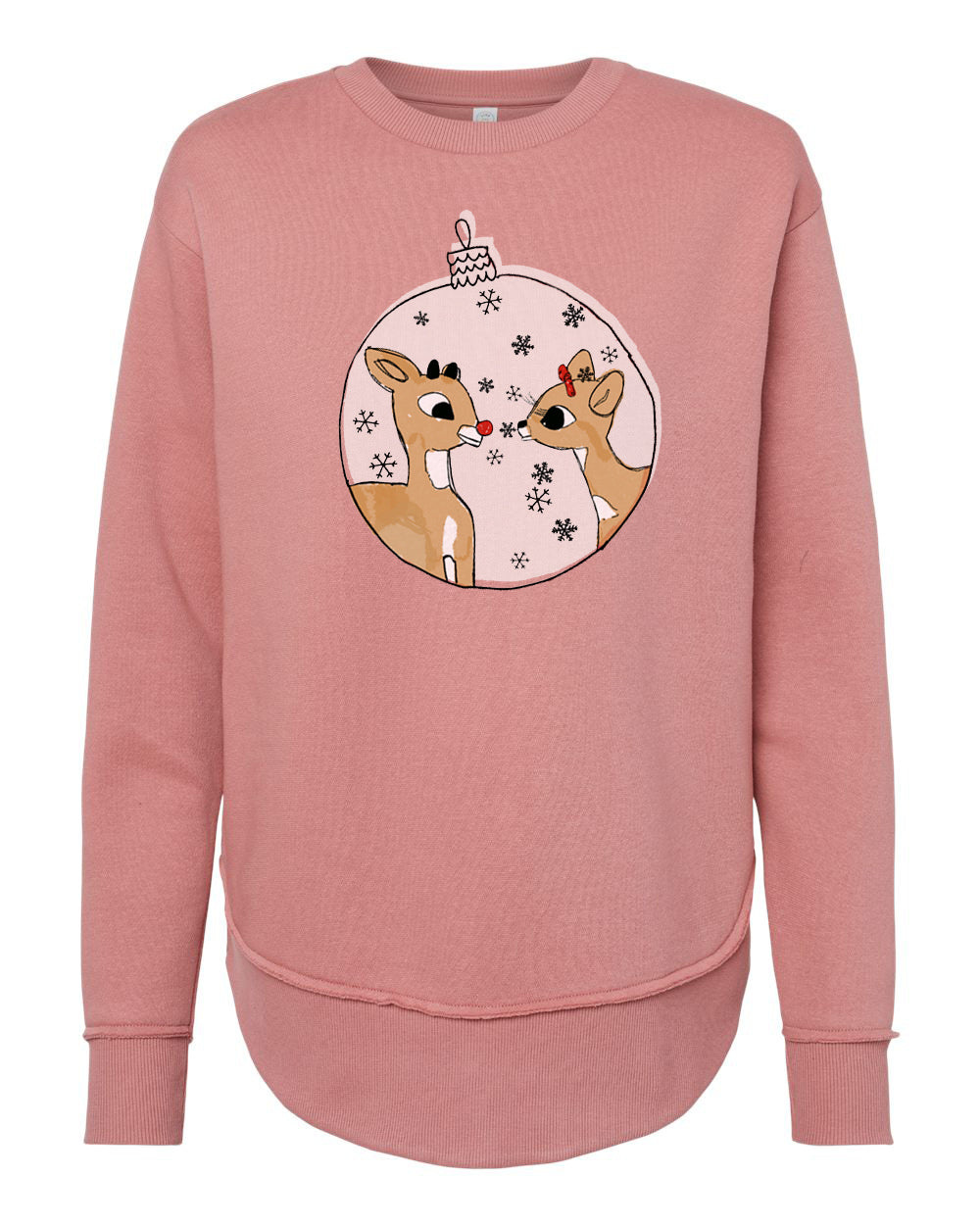 A pink sweatshirt with a graphic design featuring two cartoon reindeer inside a snowflake-patterned ornament.