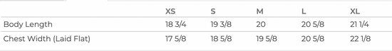a table with various sizes listed, including XS, S, M, L, and XL, along with corresponding measurements for different body lengths and chest widths.