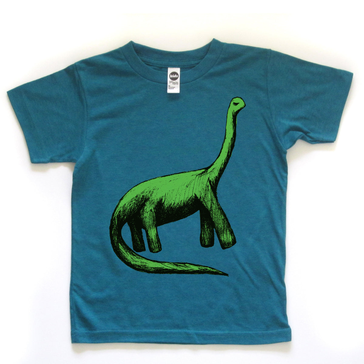 A blue t-shirt with a green dinosaur graphic printed on it.