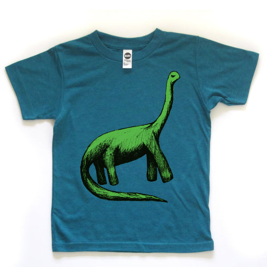 A blue t-shirt with a green dinosaur graphic printed on it.