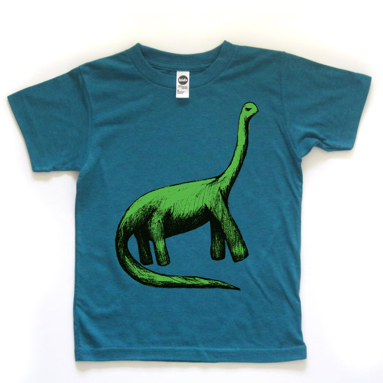 A blue t-shirt with a green dinosaur graphic printed on it.
