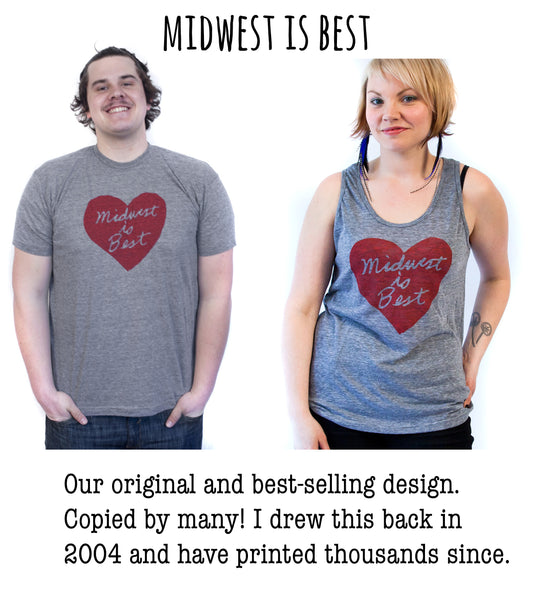 a man and a woman wearing matching gray t-shirts with a red heart design and the text "Midwest is best" printed on them.