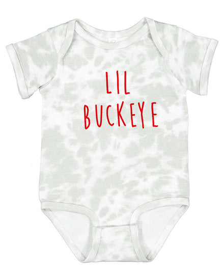A gray and white tie-dye baby onesie with the text "LIL BUCKEYE" printed on it.