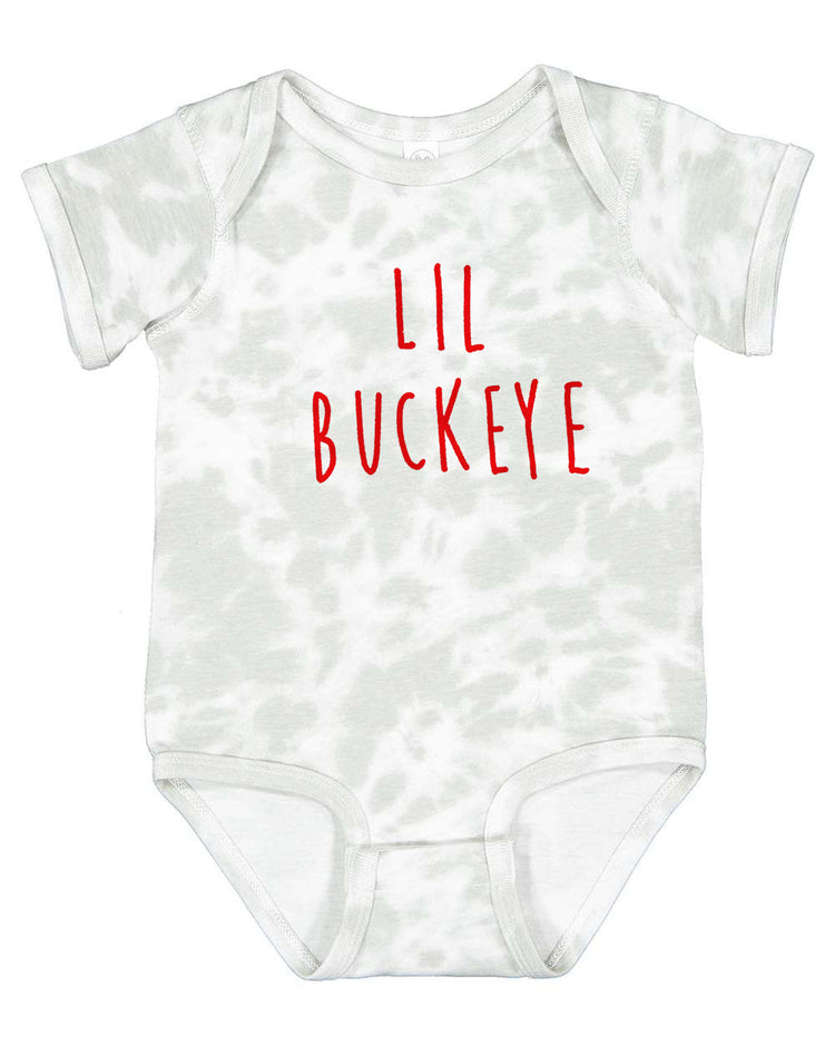 A gray and white tie-dye baby onesie with the text "LIL BUCKEYE" printed on it.