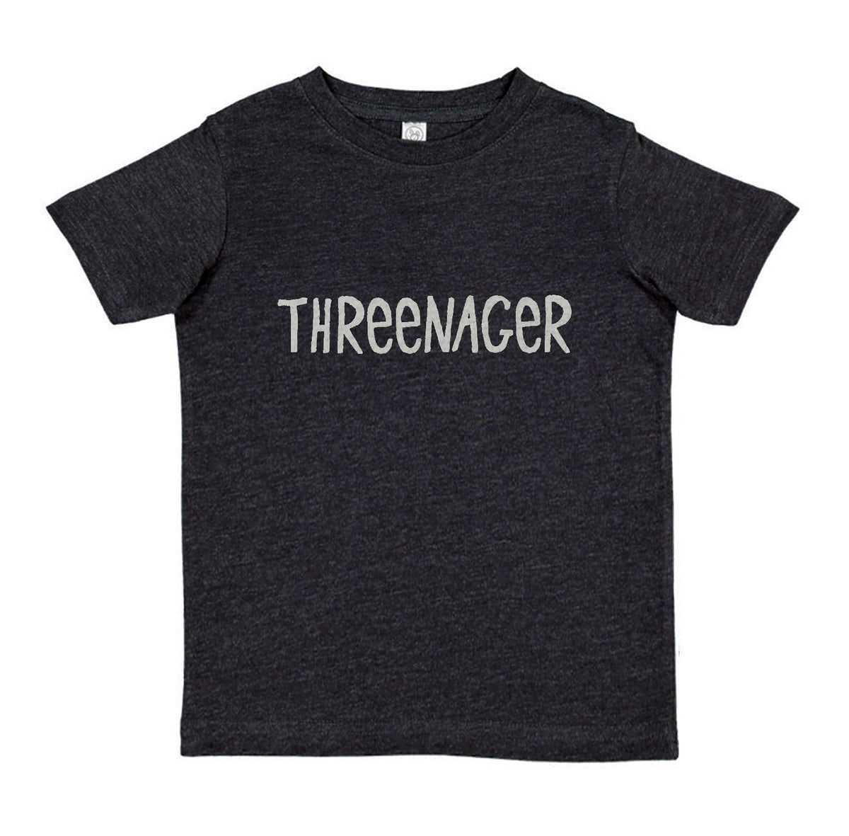 A black t-shirt with the text "THREEENAGER" printed on it in white lettering.