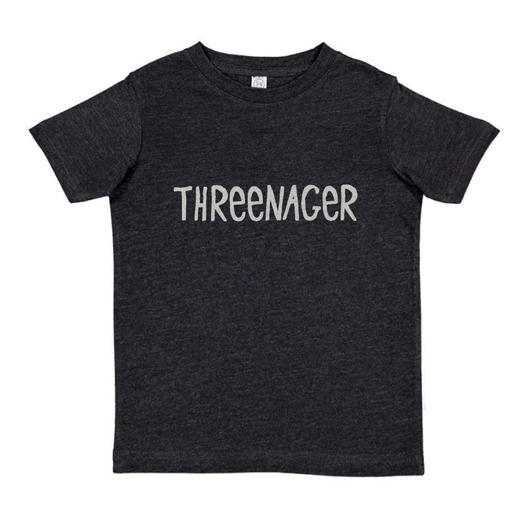 A black t-shirt with the text "THREEENAGER" printed on it in white lettering.