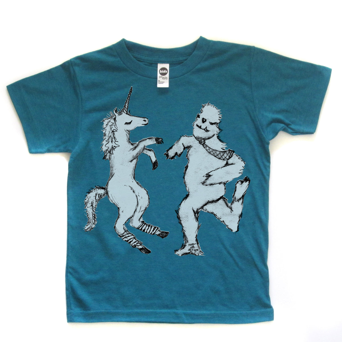 A blue t-shirt with a graphic design depicting a unicorn and a creature resembling a bear or monster.