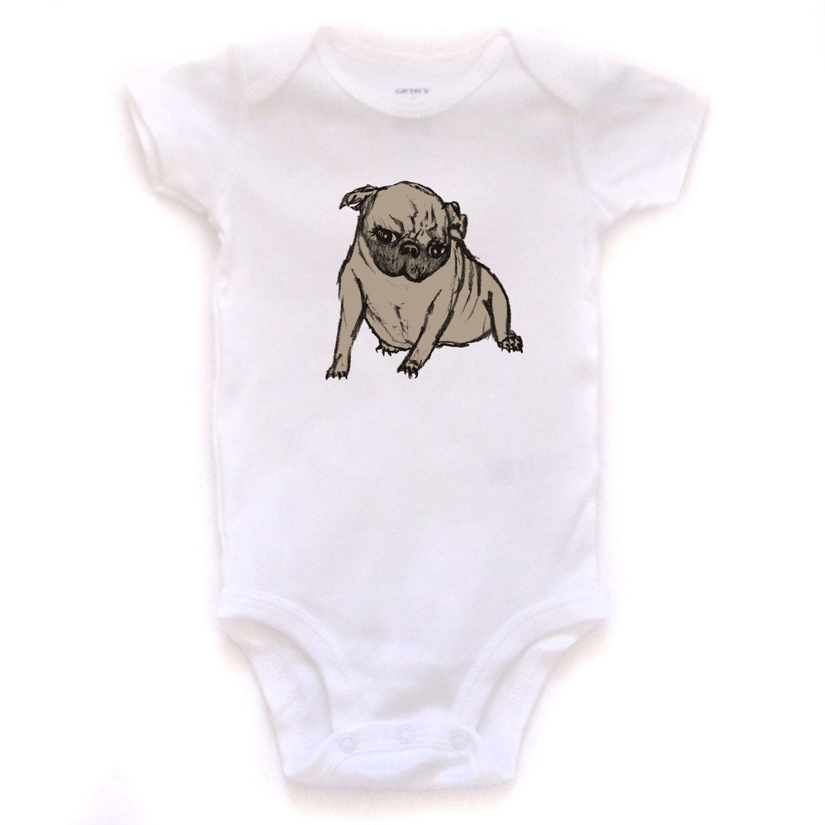 A white baby onesie with a pug dog printed on it.