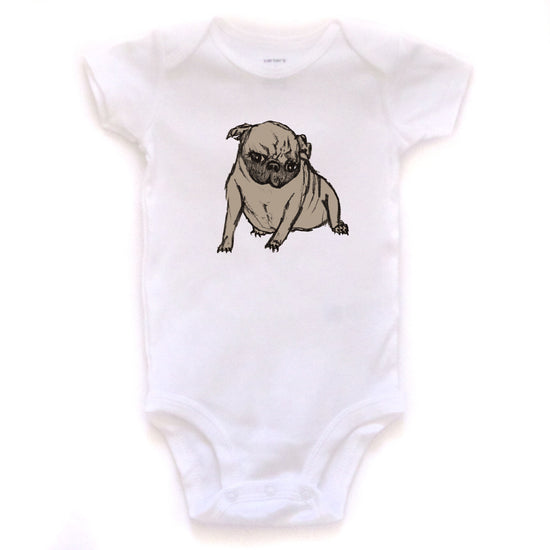 A white baby onesie with a pug dog printed on it.