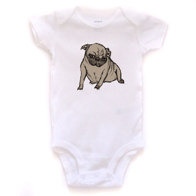A white baby onesie with a pug dog printed on it.
