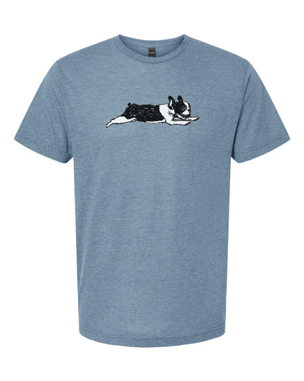 A gray t-shirt with a graphic of a black and white dog lying down.