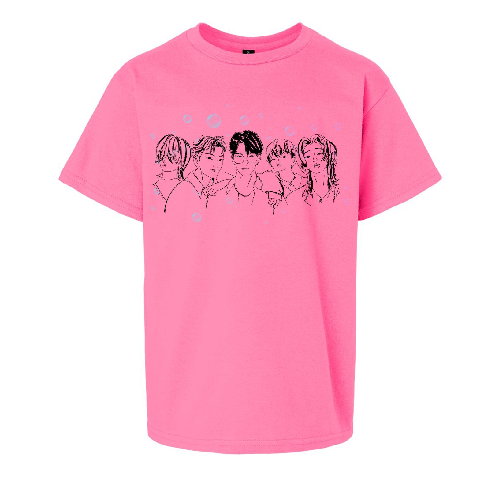 A pink t-shirt with a graphic design featuring a group of stylized human faces arranged in a row.