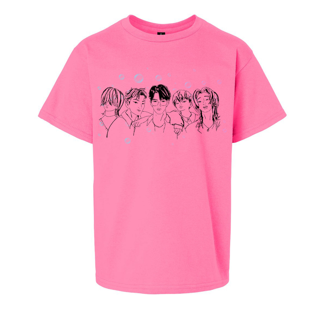 A pink t-shirt with a graphic design featuring a group of stylized human faces arranged in a row.