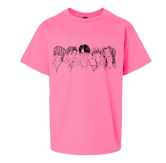 A pink t-shirt with a graphic design featuring a group of stylized human faces arranged in a row.