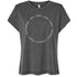 A gray t-shirt with a circular design featuring the text "be the one who makes others feel included" printed on it.