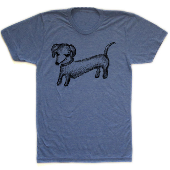 A blue t-shirt with a black drawing of a dachshund dog on it.
