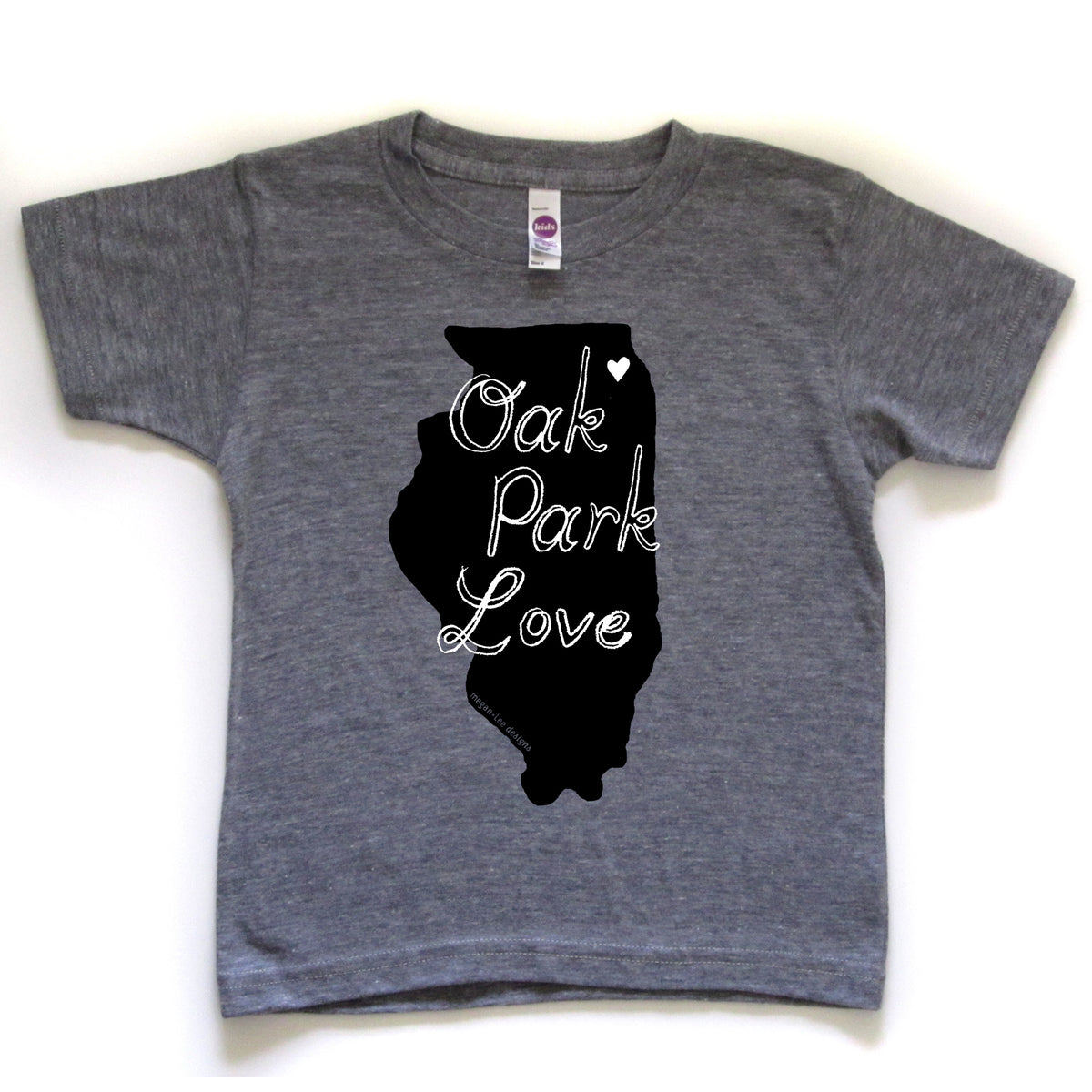 A gray t-shirt with a graphic design of the state of Illinois and the text "OAK PARK LOVE" printed on it.