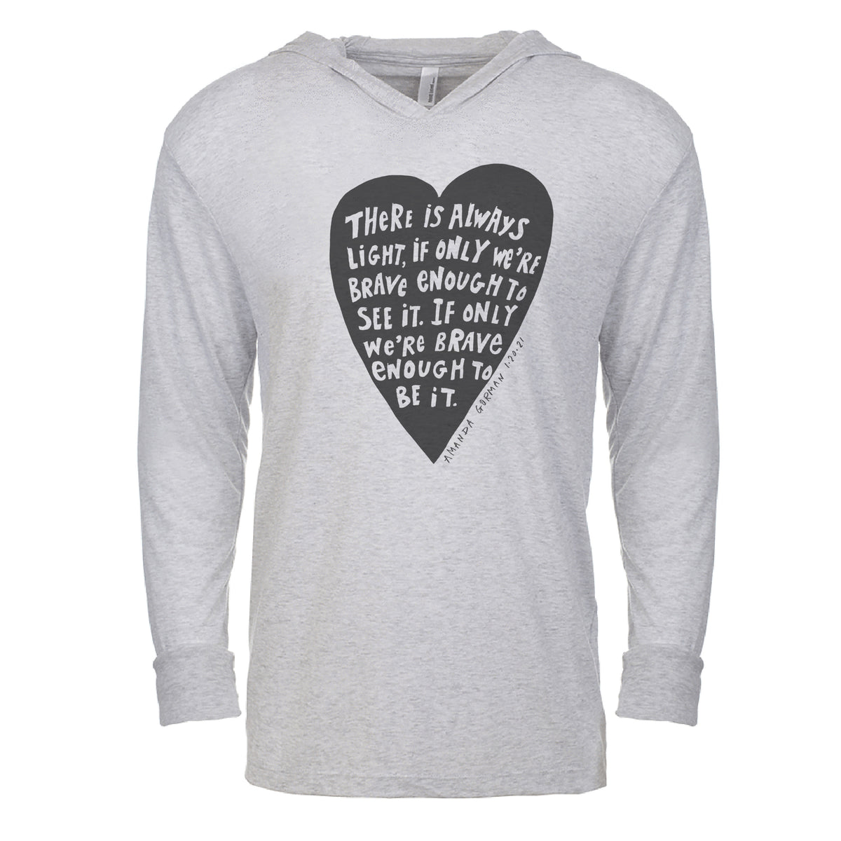 a gray hoodie with a black heart-shaped graphic and white text printed on it.