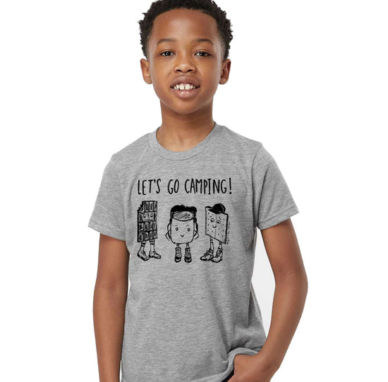 a young boy wearing a t - shirt that says let's go camping