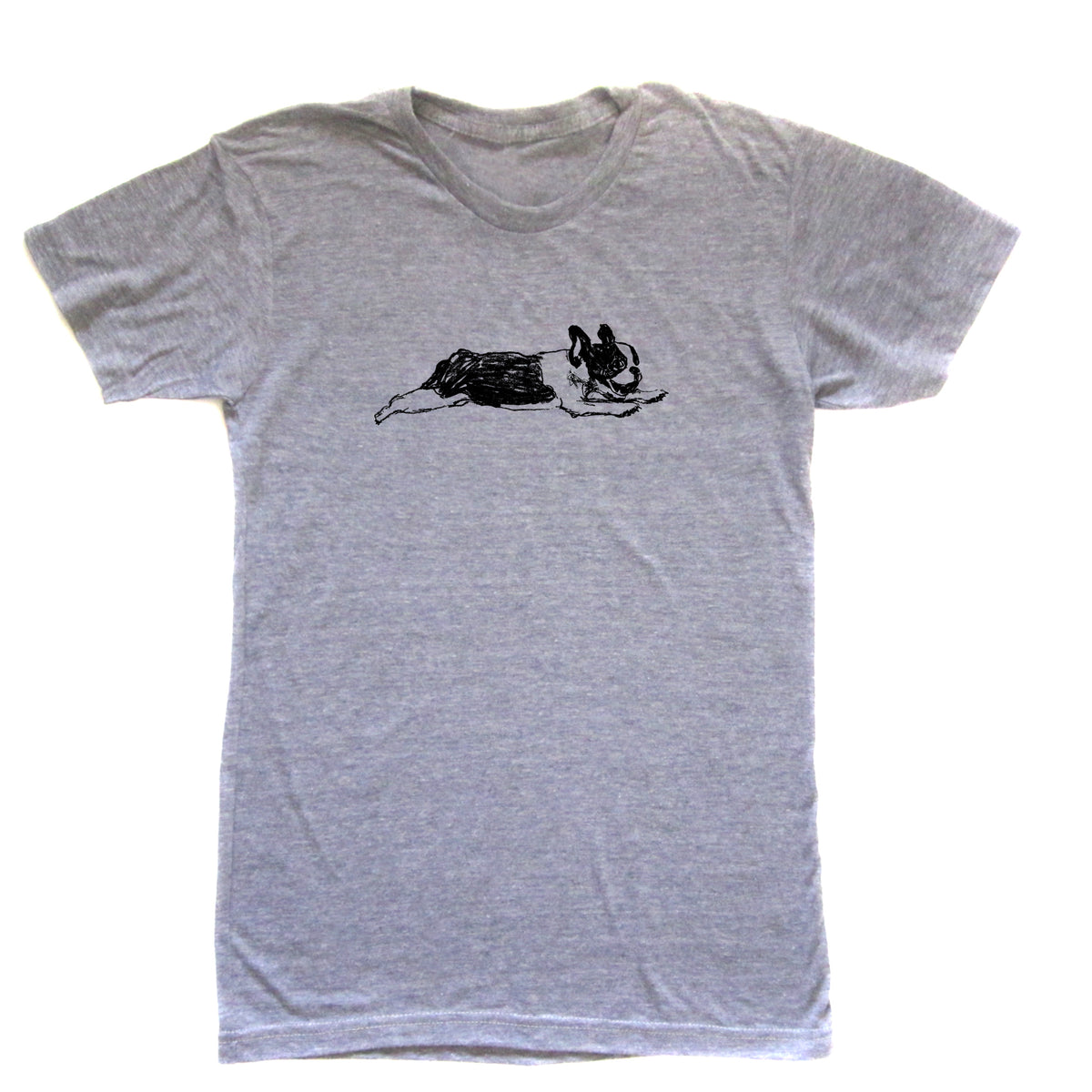 A gray t-shirt with a black graphic of a dog printed on it.