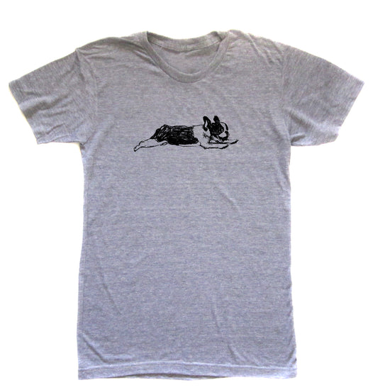 A gray t-shirt with a black graphic of a dog printed on it.