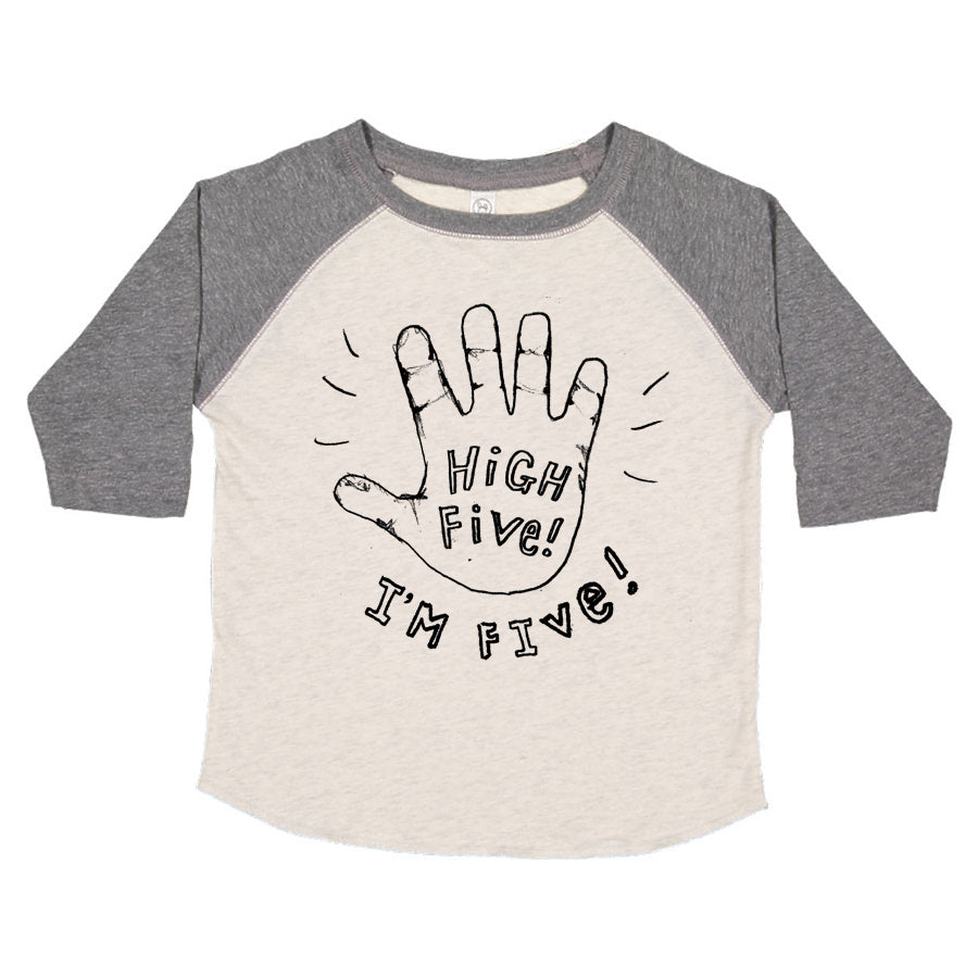 A gray and white long-sleeved shirt with a graphic design on the front that says "HIGH FIVE! I'M FIVE!"