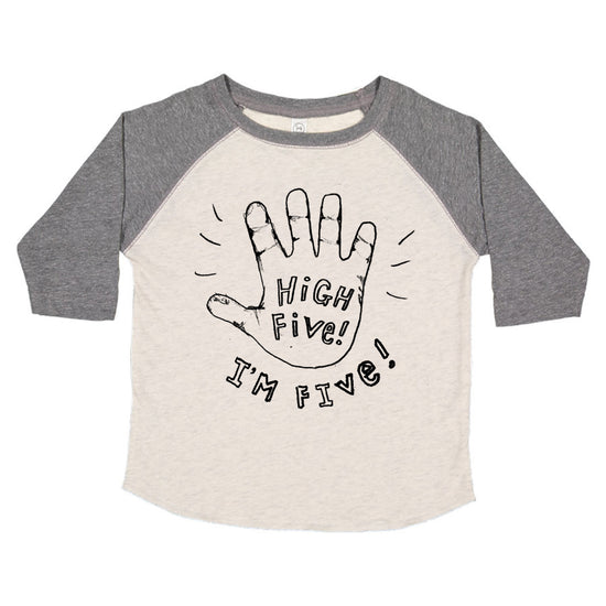 A gray and white long-sleeved shirt with a graphic design on the front that says "HIGH FIVE! I'M FIVE!"