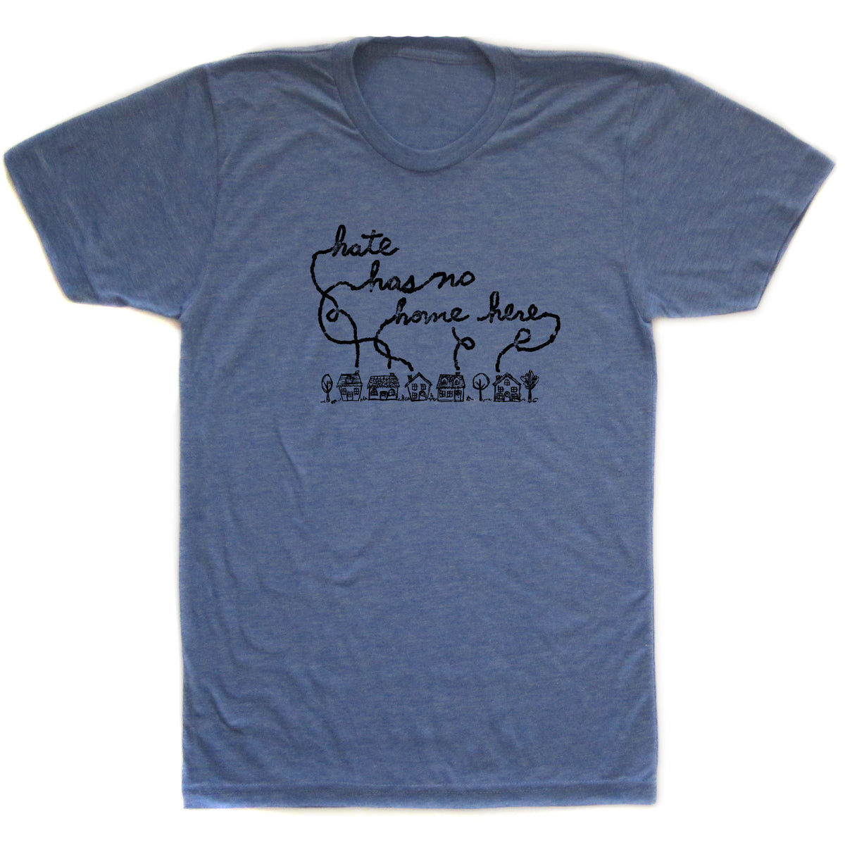 A blue t-shirt with a hand-drawn graphic design and text printed on it.
