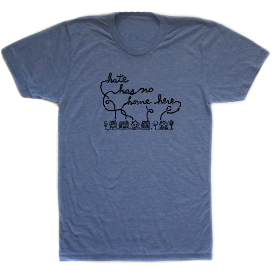A blue t-shirt with a hand-drawn graphic design and text printed on it.