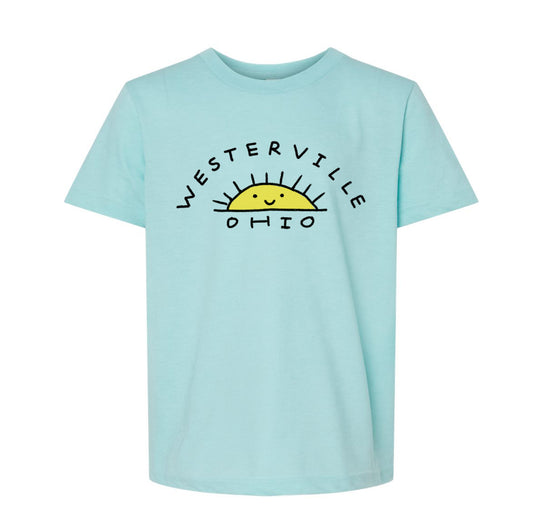 A light blue t-shirt with a graphic design featuring a sun and the text "WESTERVILLE OHIO" printed on it.