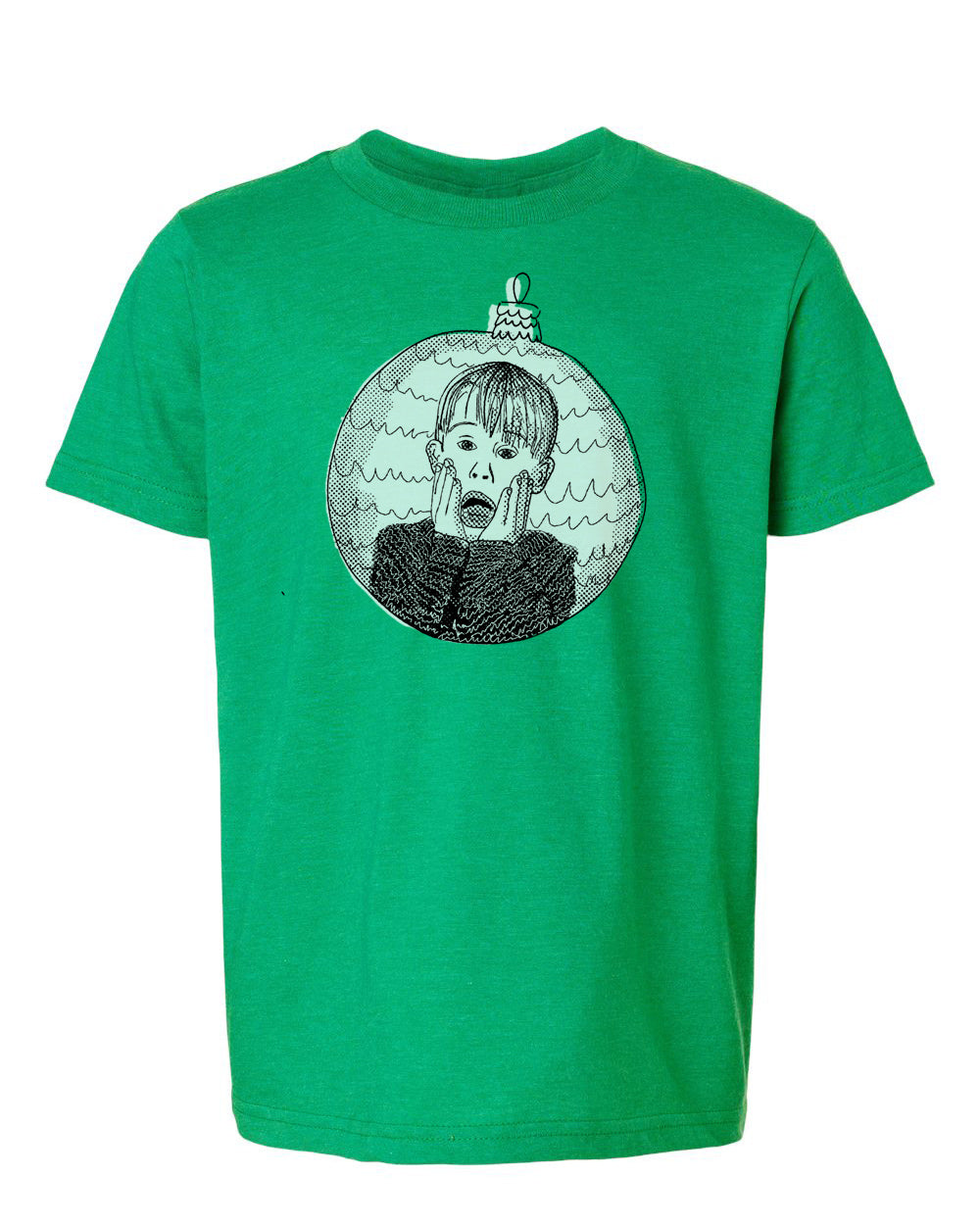 A green t-shirt with a graphic design depicting a person's face with an expression of shock or surprise, surrounded by a circular ornament.